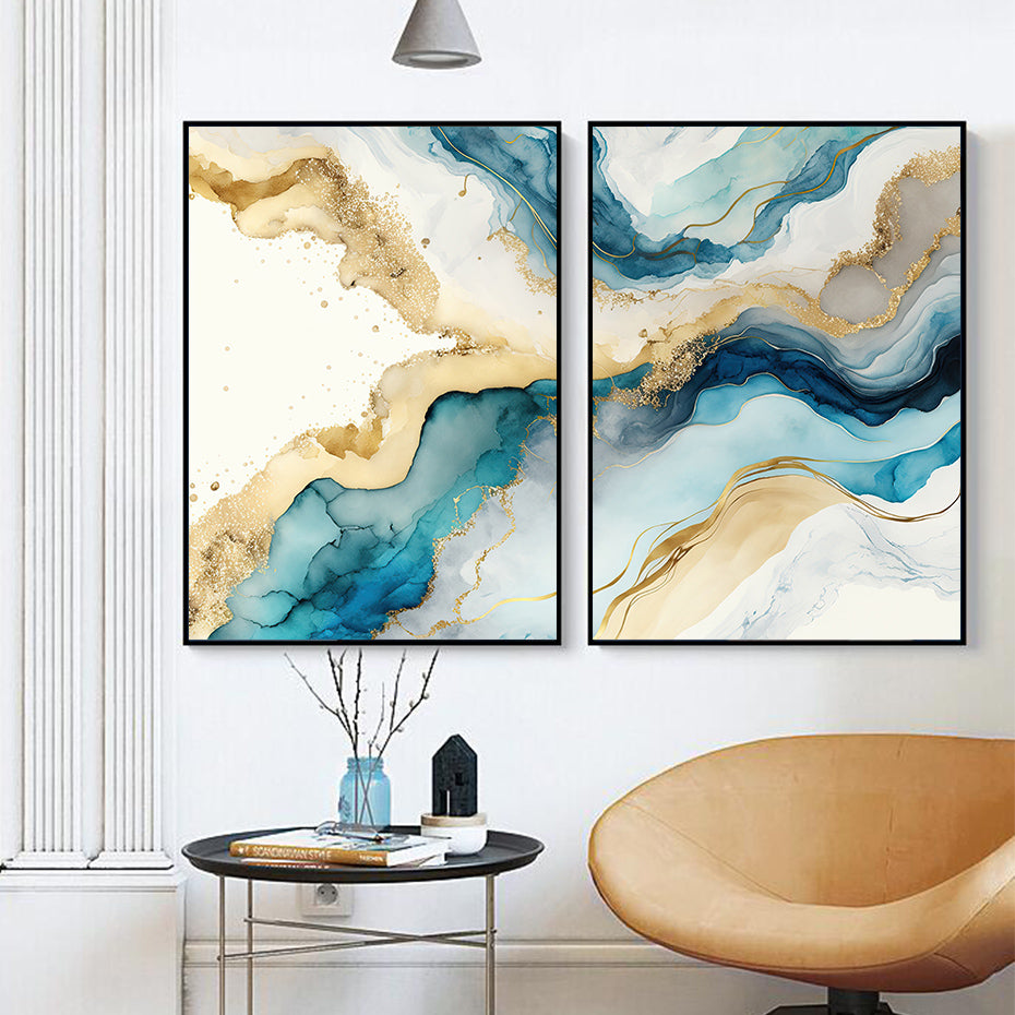 Abstract Blue Aqua Liquid Golden Marble Print Wall Art Fine Art Canvas Prints Pictures For Luxury Living Room Dining Room Home Office Decor