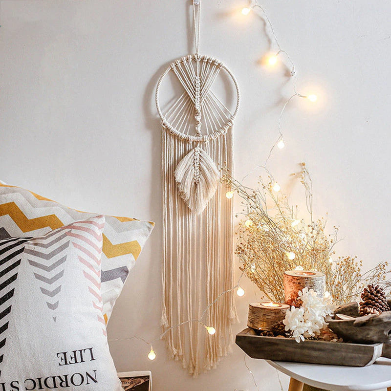 Fairy Light Dream Catcher Naturally Inspired Earthy Moon And Stars Cotton Macrame Hanging Decoration For Bedroom Living Room Essential Nordic Home Decor