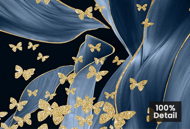 Blue Floral Abstract Golden Birds Butterflies Wall Art Fine Art Canvas Prints Modern Pictures For Luxury Living Room Bedroom Home Decor