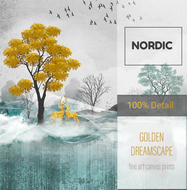 Auspicious Golden Deer Mountain Landscape Abstract Nordic Wall Art Fine Art Canvas Prints Modern Pictures For Living Room Contemporary Office Home Interior Decor