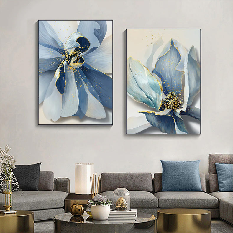 Big Floral Modern Abstract Wall Art Fine Art Canvas Prints Blue Jade Orange Yellow Flowers Pictures For Luxury Living Room Nordic Botanical Art Decor