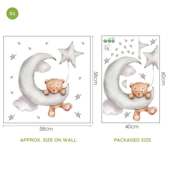Cute Teddy Bear Moon Cloud And Stars Wall Decals For Kids Room Removable Wall Stickers For Baby Room Nordic Nursery Wall Creative DIY Art Decor