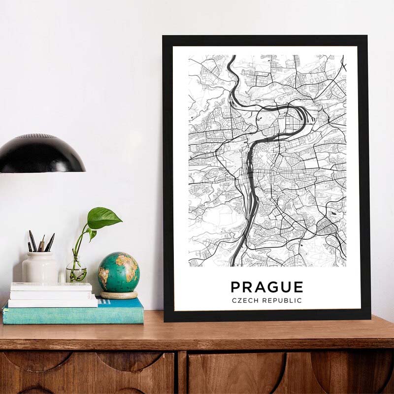 Prague City Map Wall Art Black White Minimalist European Czech Republic Travel Pictures For Living Room Dining Room Home Office Nordic Wall Art Decor