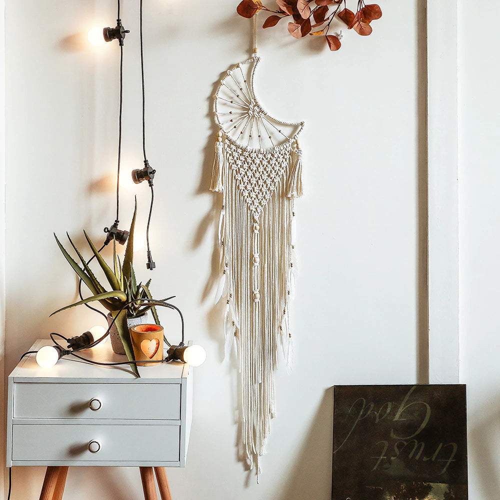 Fairy Light Dream Catcher Naturally Inspired Earthy Moon And Stars Cotton Macrame Hanging Decoration For Bedroom Living Room Essential Nordic Home Decor