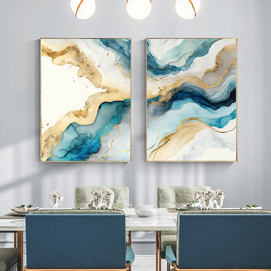 Abstract Blue Aqua Liquid Golden Marble Print Wall Art Fine Art Canvas Prints Pictures For Luxury Living Room Dining Room Home Office Decor