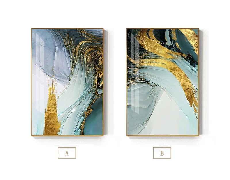 Modern Luxury Abstract Wall Art Golden Blue Jade Fine Art Canvas Prints Fashionable Pictures For Office Living Room or Bedroom Decor
