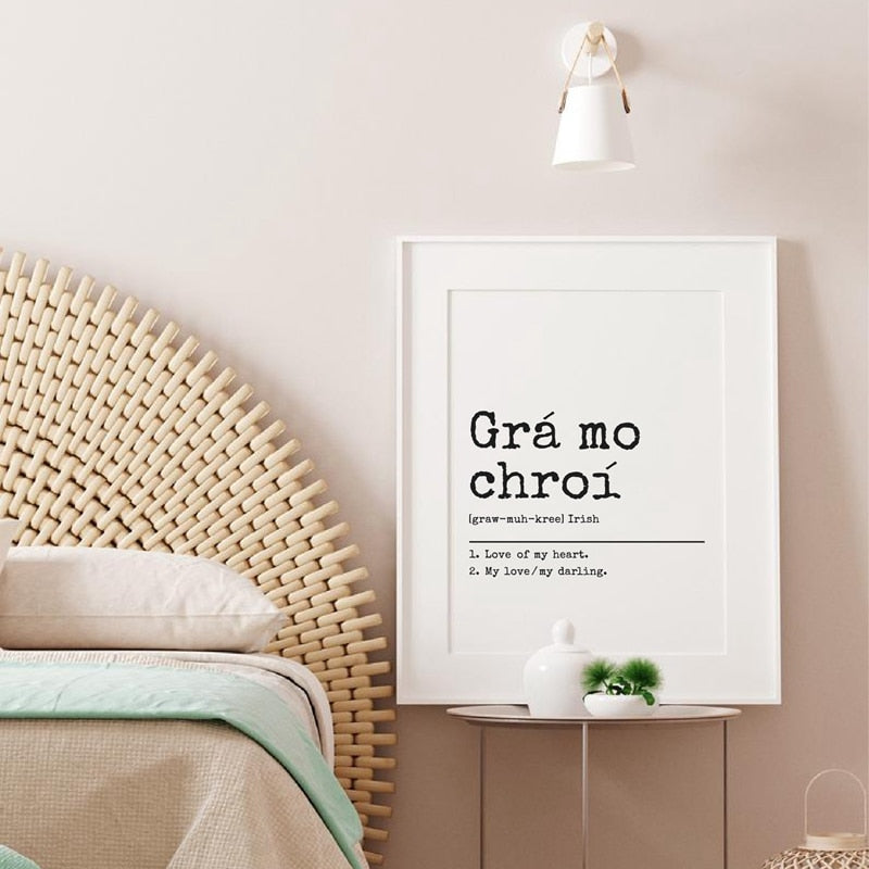 Grá Mo Chroí Citation d'amour gaélique irlandaise Art mural noir blanc impression sur toile d'art minimaliste affiche de conception typographique pour chambre à coucher salon décoration de maison simple