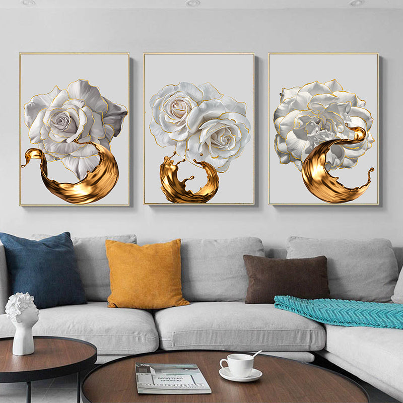 White Rose Golden Floral Wall Art Fine Art Canvas Prints Modern Abstract Botanical Pictures For Luxury Living Room Dining Room Bedroom Art Decor