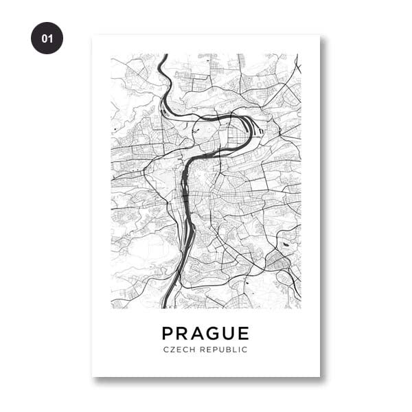 Prague City Map Wall Art Black White Minimalist European Czech Republic Travel Pictures For Living Room Dining Room Home Office Nordic Wall Art Decor
