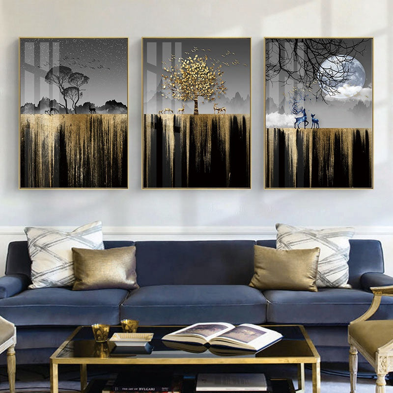 Abstract Auspicious Golden Tree Moon Landscape Wall Art Fine Art Canvas Prints Modern Pictures For Luxury Living Room Dining Room Art Decoration