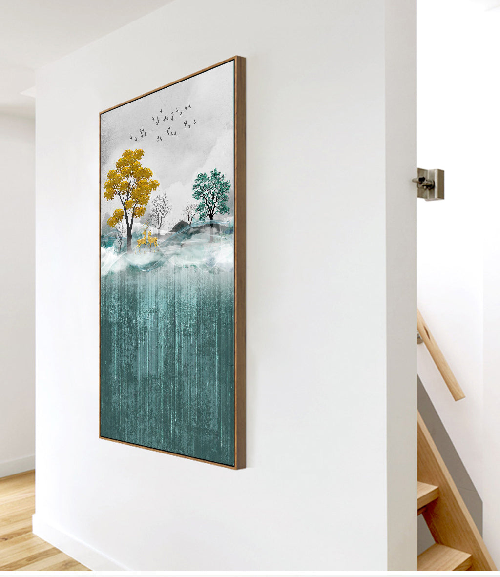 Golden Deer Mountain Landscape Abstract Nordic Wall Art Fine Art Canvas Prints Modern Pictures For Living Room Contemporary Office Home Interior Wall Art Decor