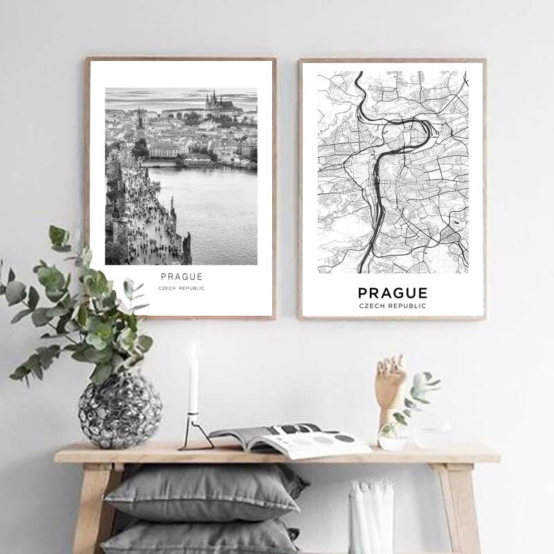 Prague City Map Wall Art Black White Minimalist European Czech Republic Travel Pictures For Living Room Dining Room Home Office Nordic Wall Art Decor