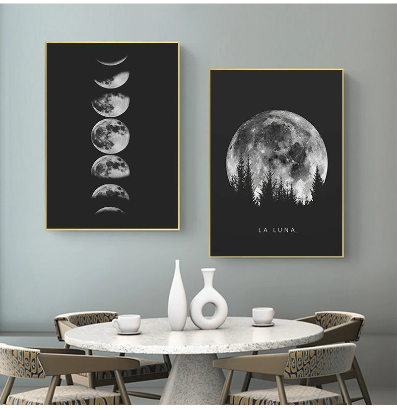 La Luna Black & White Moon Phases Wall Art Fine Art Canvas Prints Modern Posters For Bedroom Living Room Home Office Art Decoration