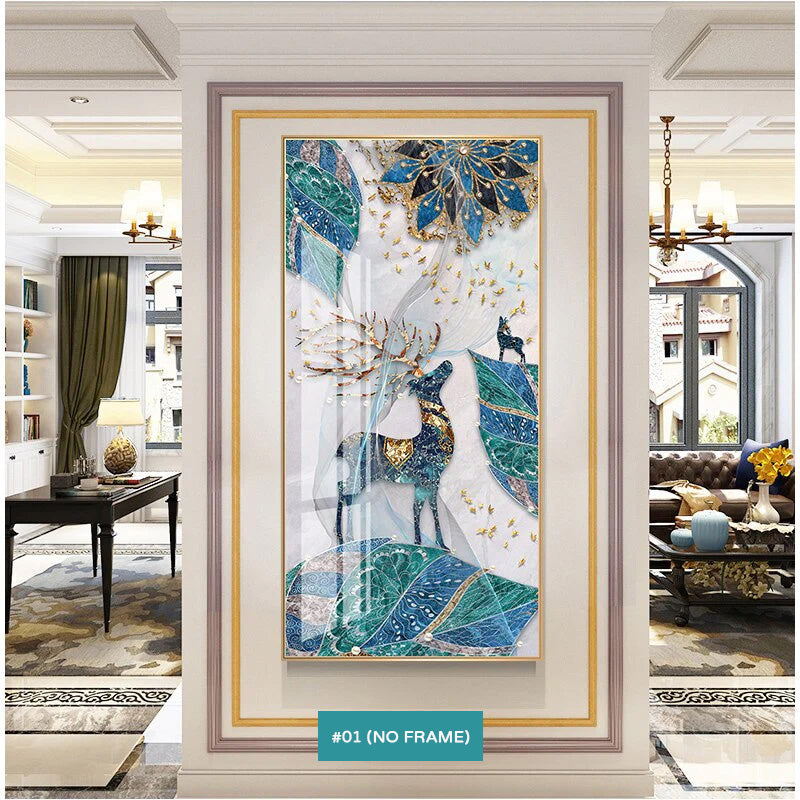 Abstract Auspicious Mystical Deer Landscape Wall Art Fine Art Canvas Prints Pictures For Luxury Living Room Dining Room Entrance Hallway Art Decoration