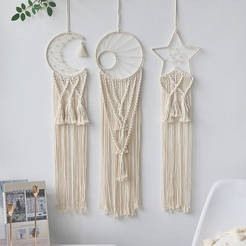 Fairy Light Dream Catcher Naturally Inspired Earthy Moon And Stars Cotton Macrame Hanging Decoration For Bedroom Living Room Essential Nordic Home Decor