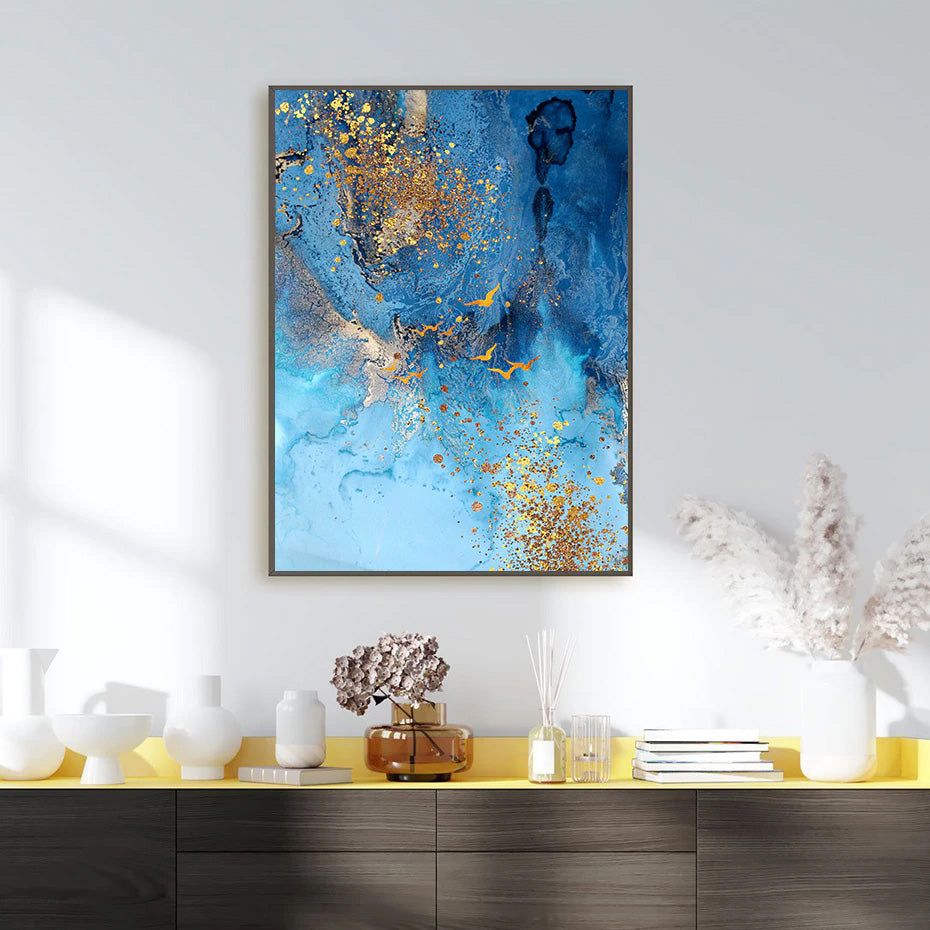 Golden Blue Sea Wall Art Fine Art Canvas Print Modern Abstract Marble Design Picture For Office Interior Living Room Luxury Art Decor