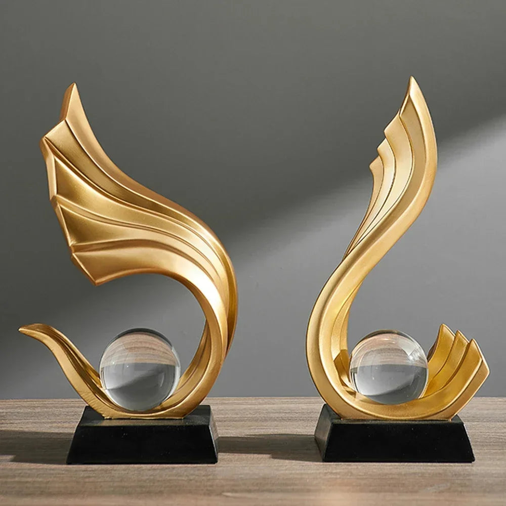 Modern Abstract Golden Light Resin Statue and Crystal Ball Abstract Ornament For Luxurious Living Room Coffee Table and Home Office Desktop Decorations