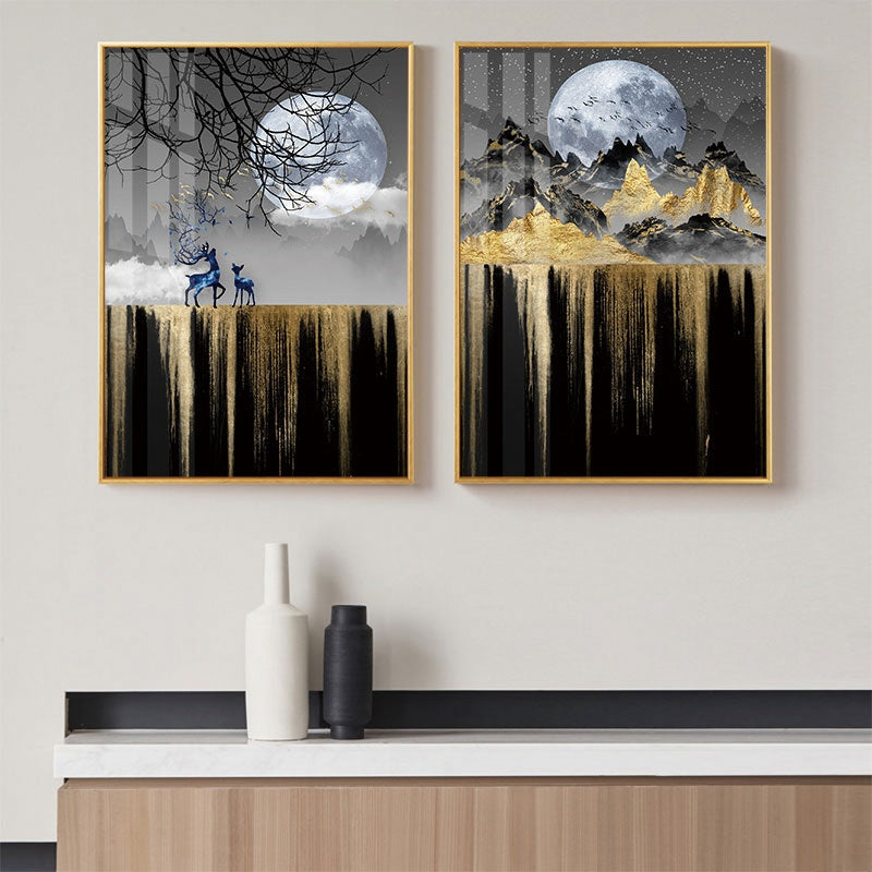 Abstract Auspicious Golden Tree Moon Landscape Wall Art Fine Art Canvas Prints Modern Pictures For Luxury Living Room Dining Room Art Decoration