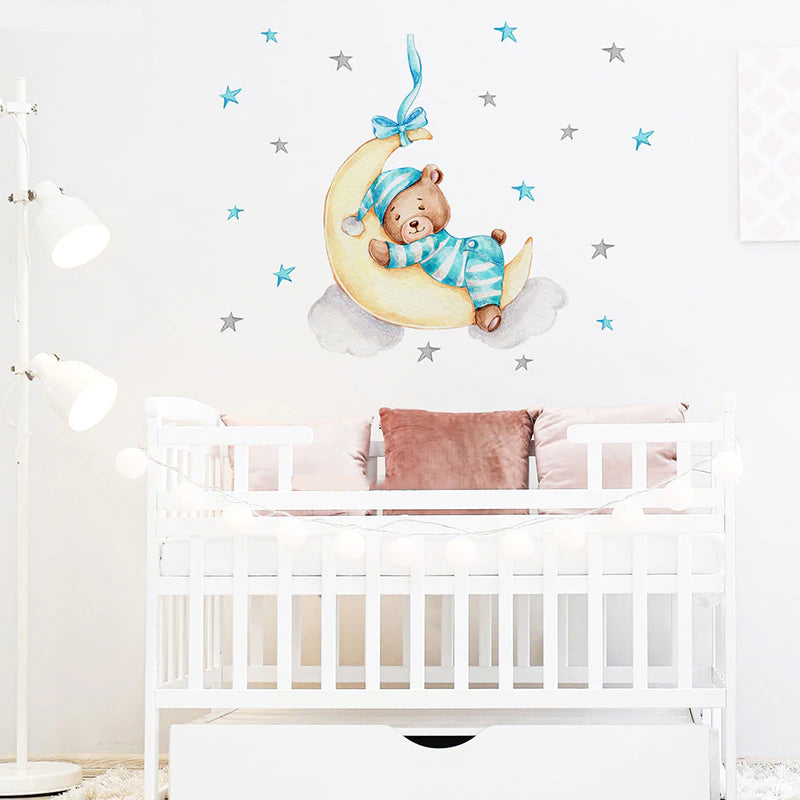 Cute Teddy Bear Moon Cloud And Stars Wall Decals For Kids Room Removable Wall Stickers For Baby Room Nordic Nursery Wall Creative DIY Art Decor