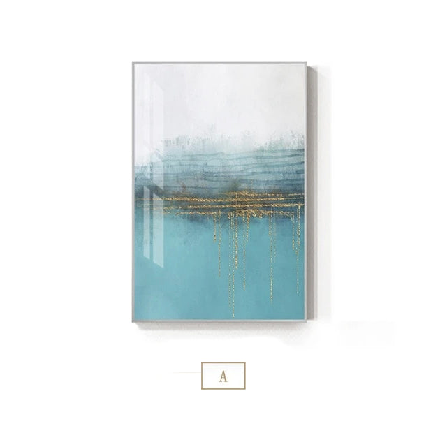 Abstract Golden Horizons Contemporary Nordic Wall Art Fine Art Canvas Prints Modern Minimalist Blue White Pictures For Living Room Office Home Interior Decor