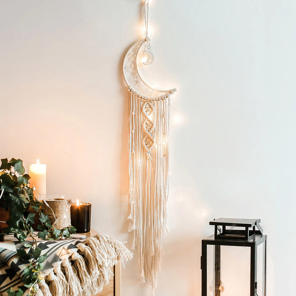 Fairy Light Dream Catcher Naturally Inspired Earthy Moon And Stars Cotton Macrame Hanging Decoration For Bedroom Living Room Essential Nordic Home Decor