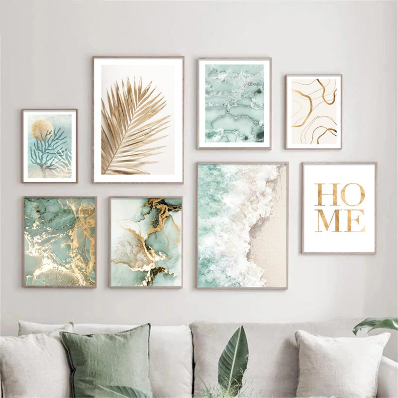 Sand Sea Waves Marble Coral Golden Palm Leaves Wall Art Fine Art Canvas Prints Modern Landscape Pictures For Living Room Decor