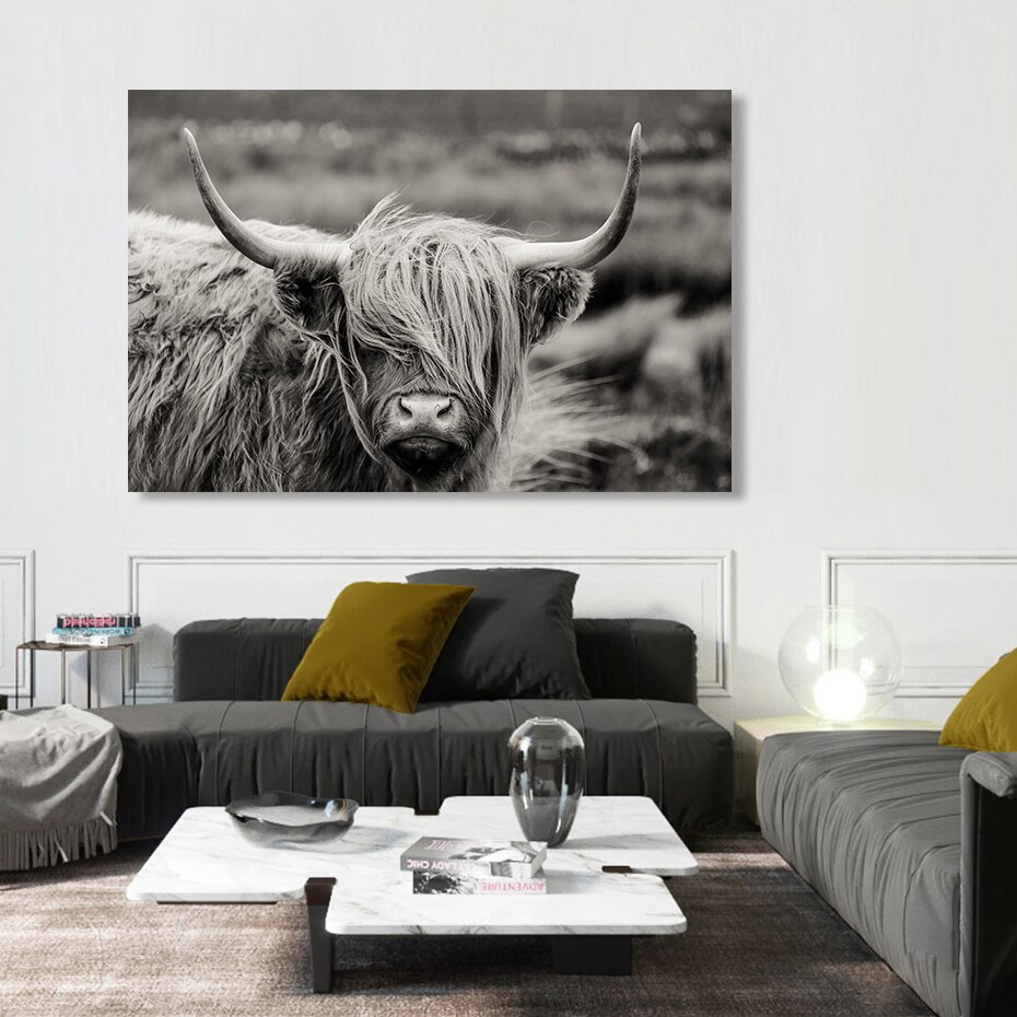 Scottish Highland Cattle Black And White Animal Wall Art Fine Art Canvas Giclee Print Modern Pictures For Office Interior Living Room Dining Room Home Decor