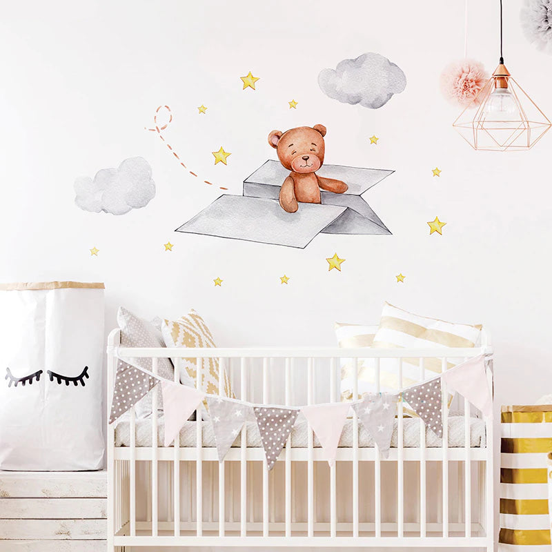 Cute Teddy Bear Moon Cloud And Stars Wall Decals For Kids Room Removable Wall Stickers For Baby Room Nordic Nursery Wall Creative DIY Art Decor