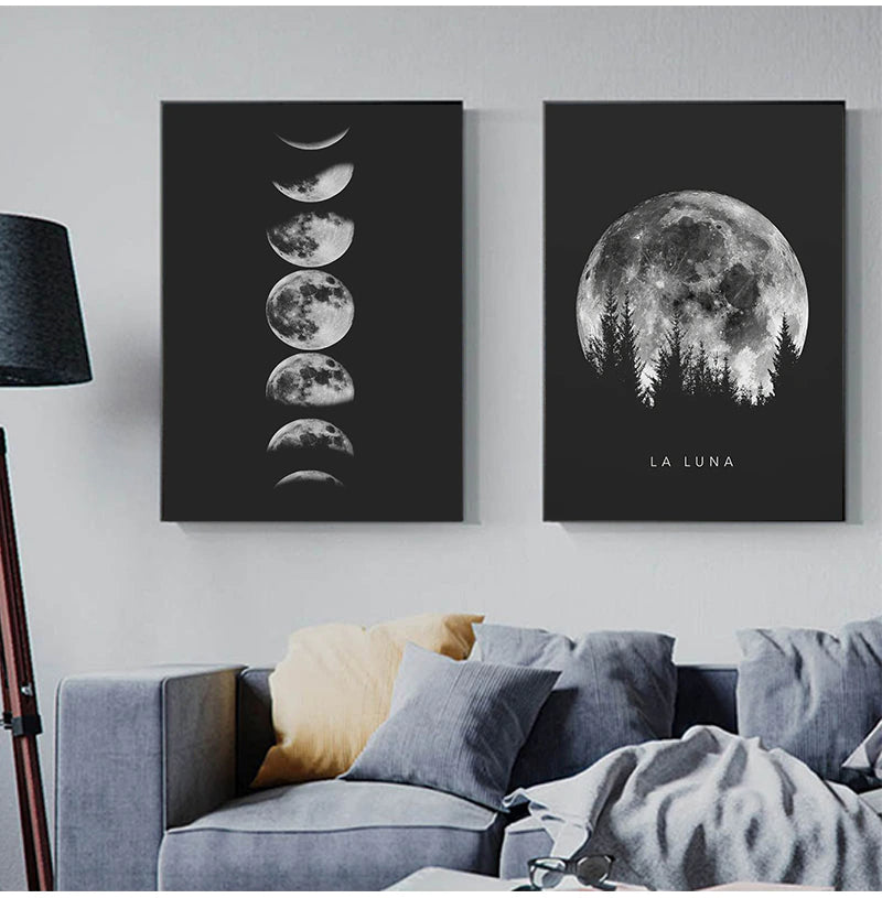 La Luna Black & White Moon Phases Wall Art Fine Art Canvas Prints Modern Posters For Bedroom Living Room Home Office Art Decoration