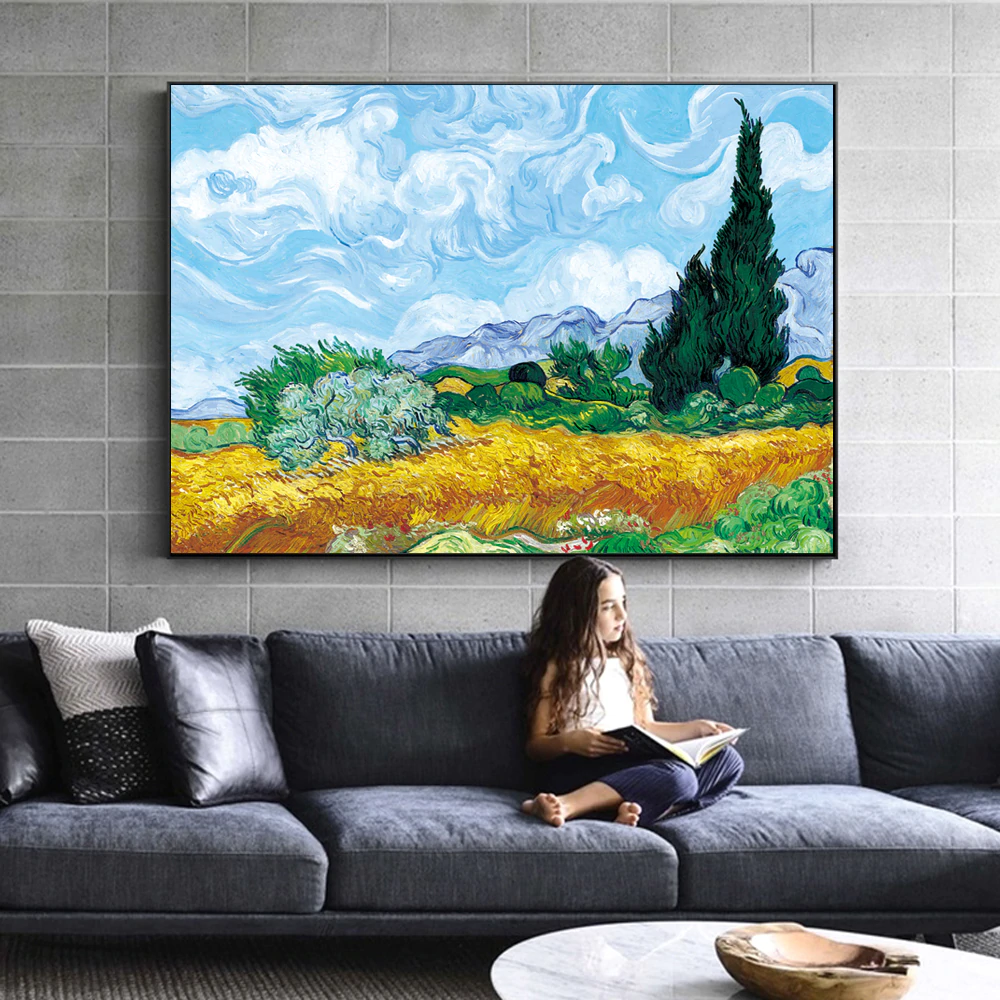 Famous Paintings Vincent Van Gogh Wheatfield With Cypress Tree Fine Art Canvas Print Classic Post-Impressionism Landscape Wall Art Decor