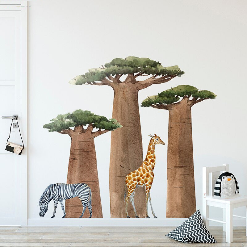 Big Baobab Tree Zebra Giraffe Wall Mural Removable Self Adhesive Vinyl Wall Decal For Children's Room Nursery Room Wall Creative DIY Kid's Room Decor