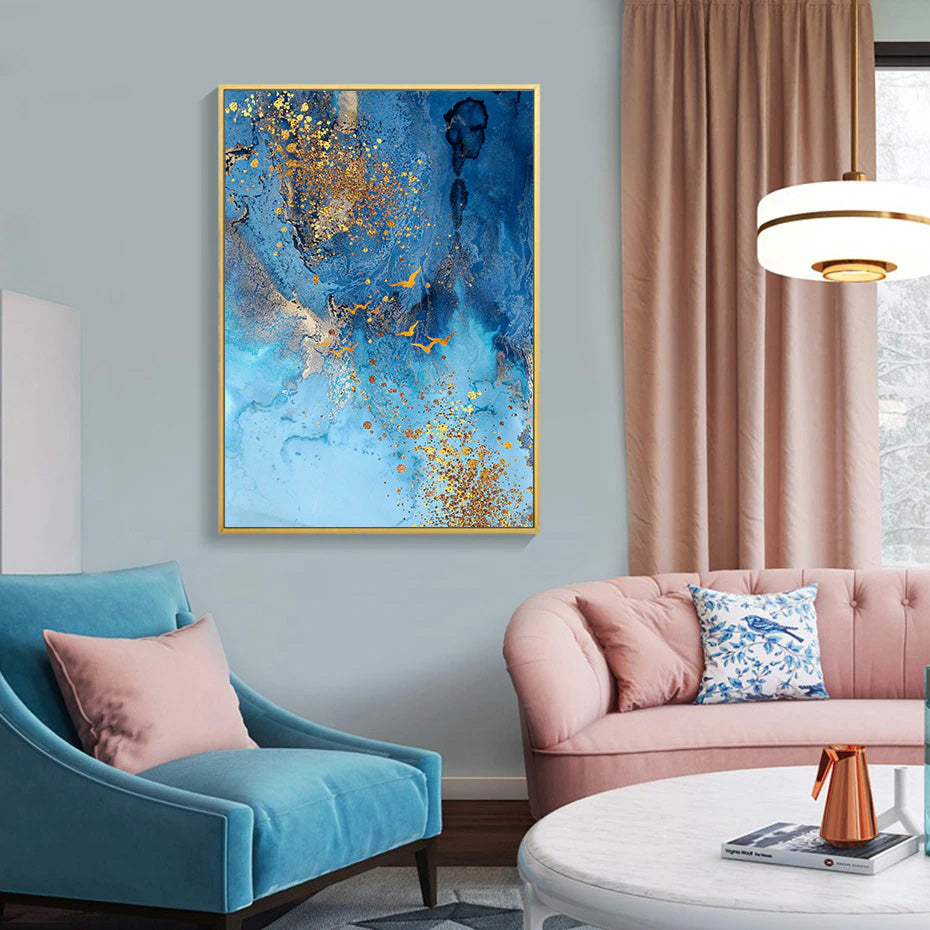 Golden Blue Sea Wall Art Fine Art Canvas Print Modern Abstract Marble Design Picture For Office Interior Living Room Luxury Art Decor