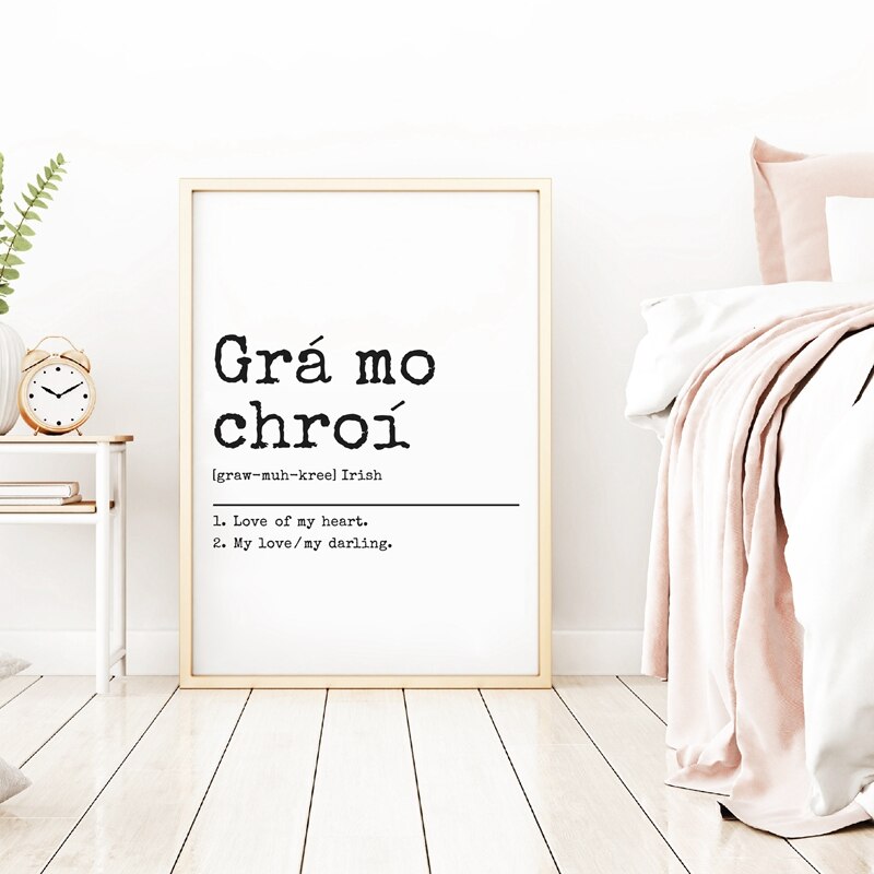 Grá Mo Chroí Citation d'amour gaélique irlandaise Art mural noir blanc impression sur toile d'art minimaliste affiche de conception typographique pour chambre à coucher salon décoration de maison simple