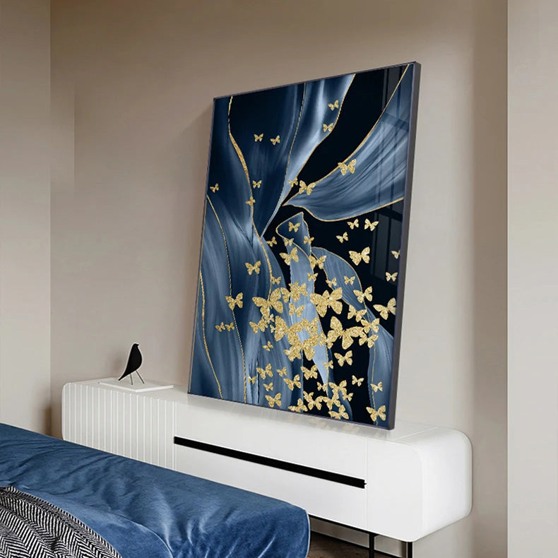 Blue Floral Abstract Golden Birds Butterflies Wall Art Fine Art Canvas Prints Modern Pictures For Luxury Living Room Bedroom Home Decor
