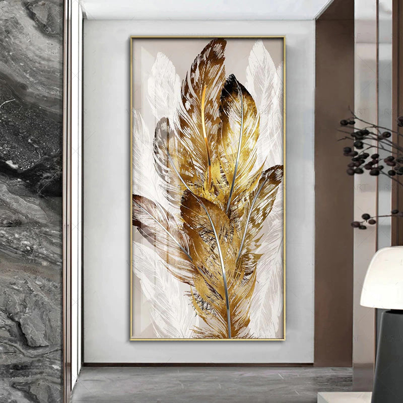 Modern Abstract Beige Golden Brown Feathers Wall Art Fine Art Canvas Prints Picture For Luxury Home Living Room Elegant Entrance Hallway Art Decor