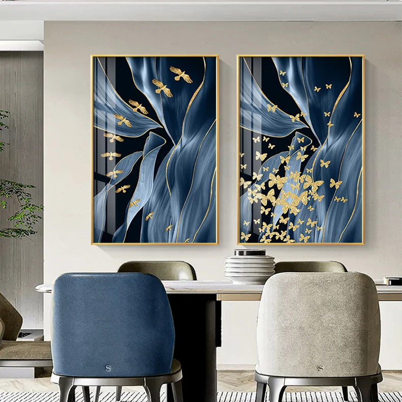 Blue Floral Abstract Golden Birds Butterflies Wall Art Fine Art Canvas Prints Modern Pictures For Luxury Living Room Bedroom Home Decor