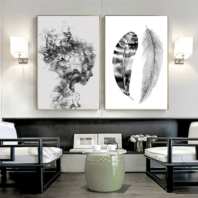 Abstract Girl Portrait Wall Art Minimalist Black White Feathers Fine Art Canvas Prints Modern Pictures For Scandinavian Living Room Bedroom Art Decor