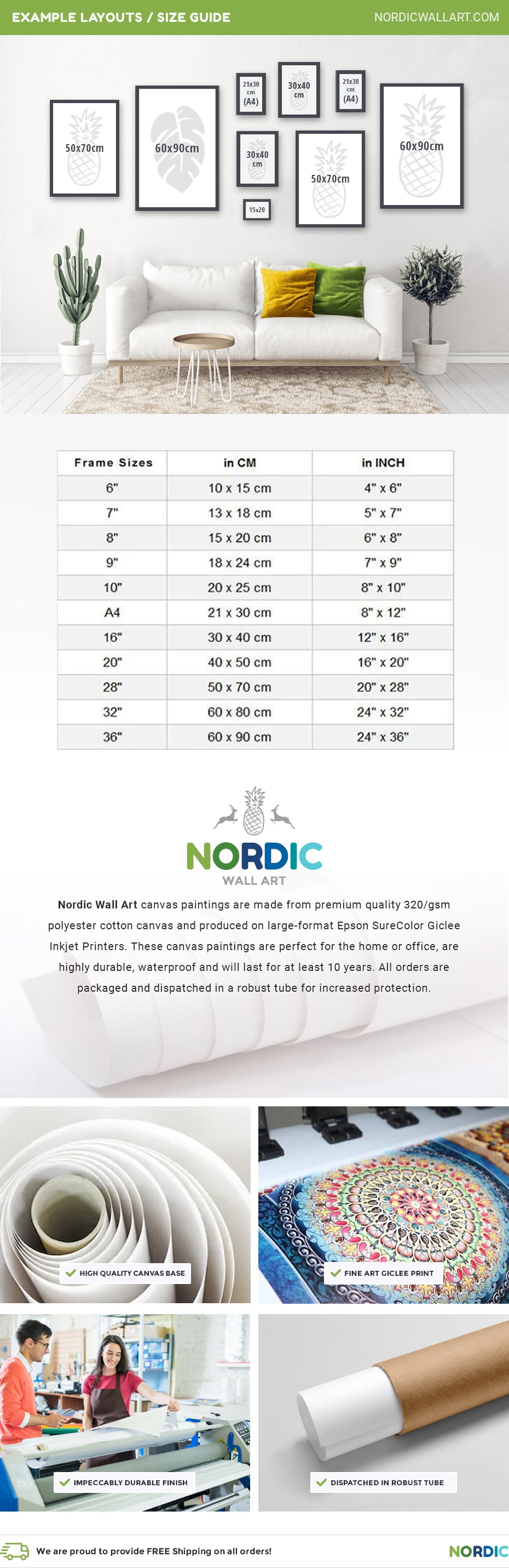 Nordic Wall Art canvas paintings are made from premium quality 320/gsm polyester cotton canvas and produced on large-format Epson SureColor Giclee Inkjet Printers. These canvas paintings are perfect for the home or office, are highly durable, waterproof and will last for at least 10 years. All orders are packaged and dispatched in a robust tube for increased protection