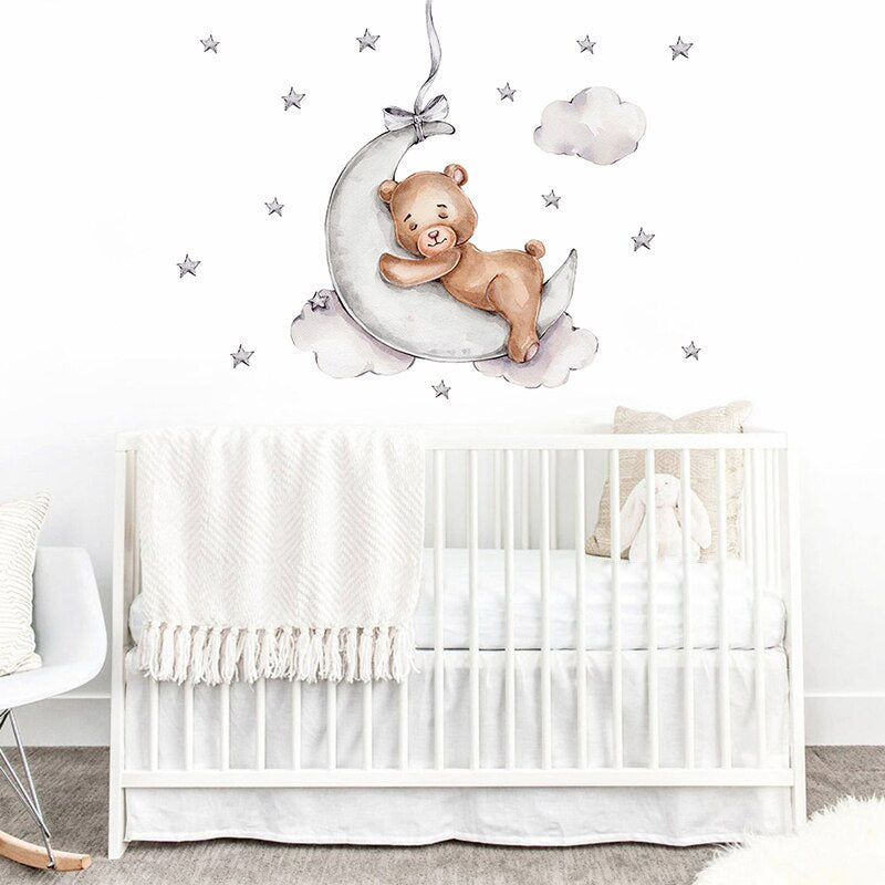 Cute Teddy Bear Moon Cloud And Stars Wall Decals For Kids Room Removable Wall Stickers For Baby Room Nordic Nursery Wall Creative DIY Art Decor