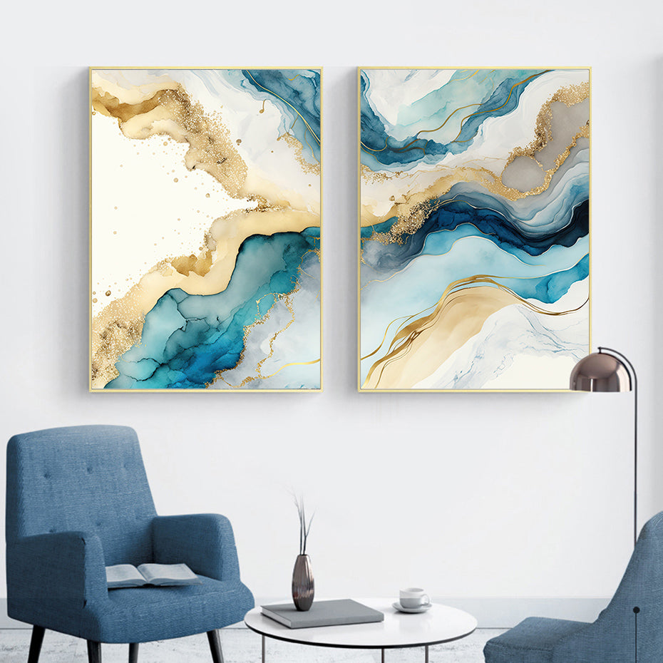 Abstract Blue Aqua Liquid Golden Marble Print Wall Art Fine Art Canvas Prints Pictures For Luxury Living Room Dining Room Home Office Decor