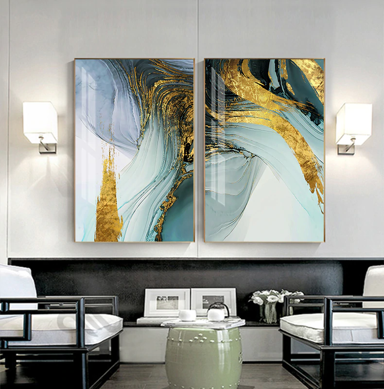 Modern Luxury Abstract Wall Art Golden Blue Jade Fine Art Canvas Prints Luxury Pictures For Office Living Room or Bedroom Decor