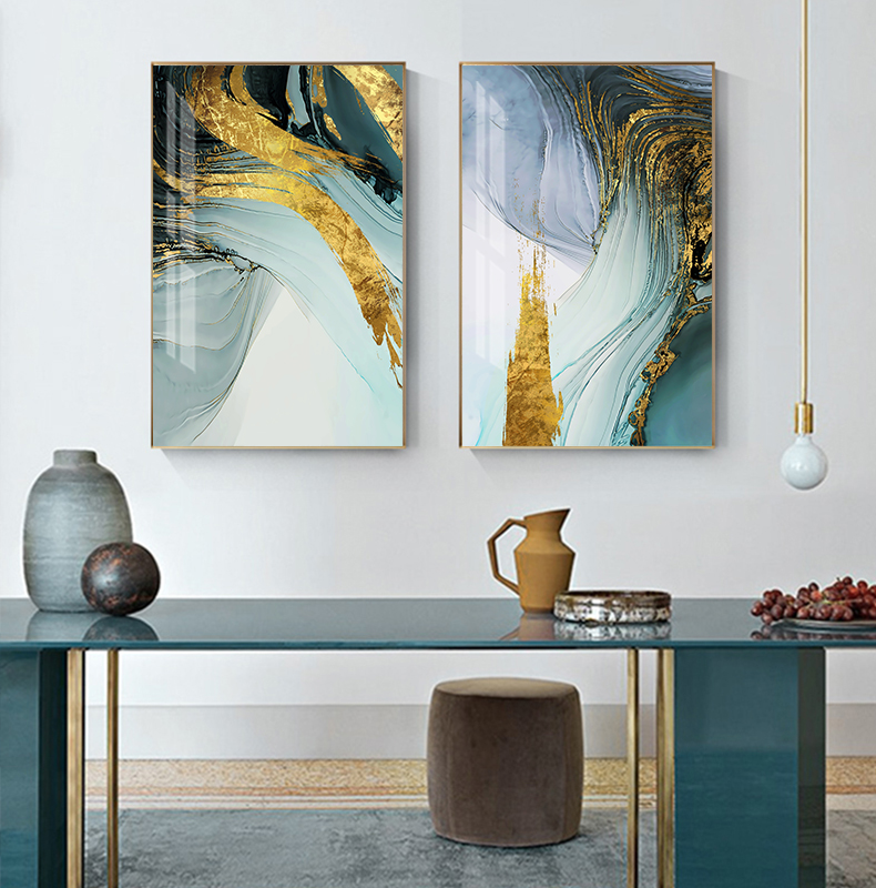 Modern Luxury Abstract Wall Art Golden Blue Jade Fine Art Canvas Prints Luxury Pictures For Office Living Room or Bedroom Decor