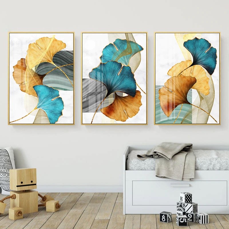 Modern Abstract Floral Wall Art Blue Green Yellow Golden Fine Art Canvas Prints Luxury Pictures For Living Room Bedroom Office Hotel Contemporary Interiors