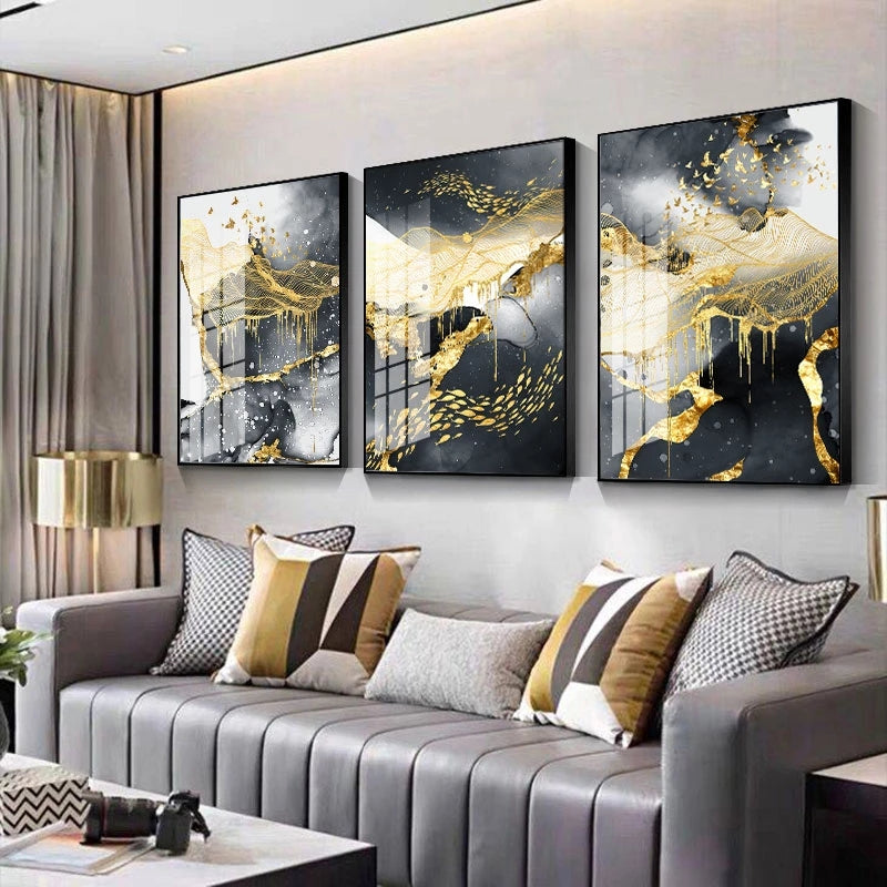 Featured Sale Modern Abstract Black Golden Liquid Organic Marble Wall Art Fine Art Canvas Prints For Home Office Art Decor (Set of 3)