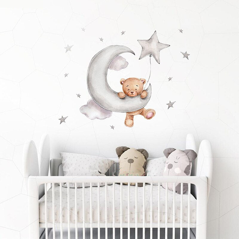 Cute Teddy Bear Moon Cloud And Stars Wall Decals For Kids Room Removable Wall Stickers For Baby Room Nordic Nursery Wall Creative DIY Art Decor