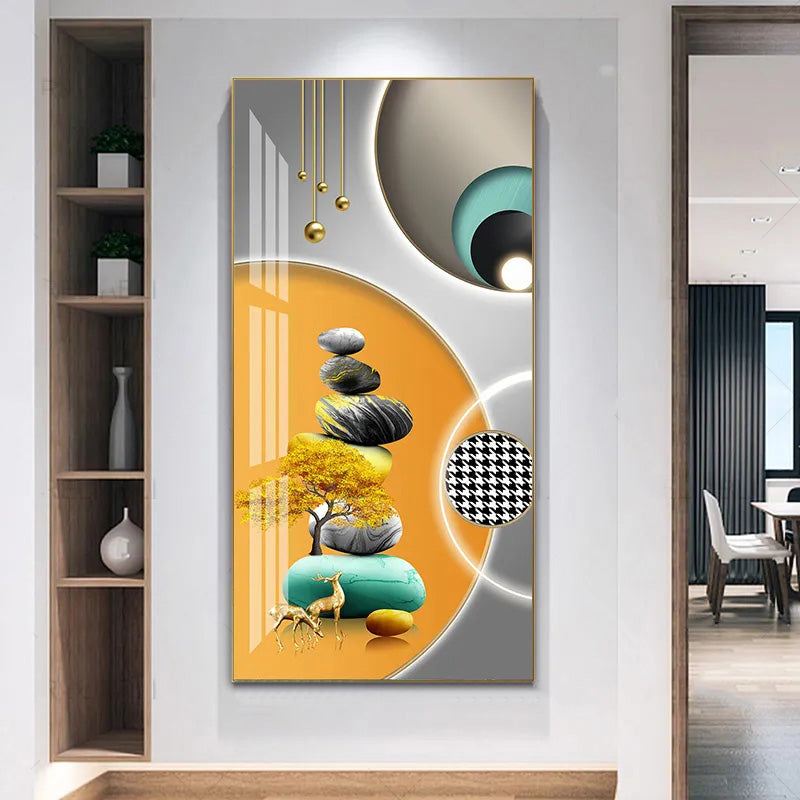 Auspicious Golden Deer Abstract Geometrical Landscape Wall Art Vertical Format Pictures For Entrance Hallway Home Office Decor
