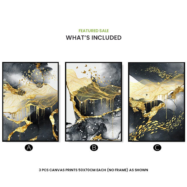 * Featured Sale * Modern Abstract Black Golden Liquid Organic Marble Wall Art Fine Art Canvas Prints For Home Office Art Decor (Set of 3)