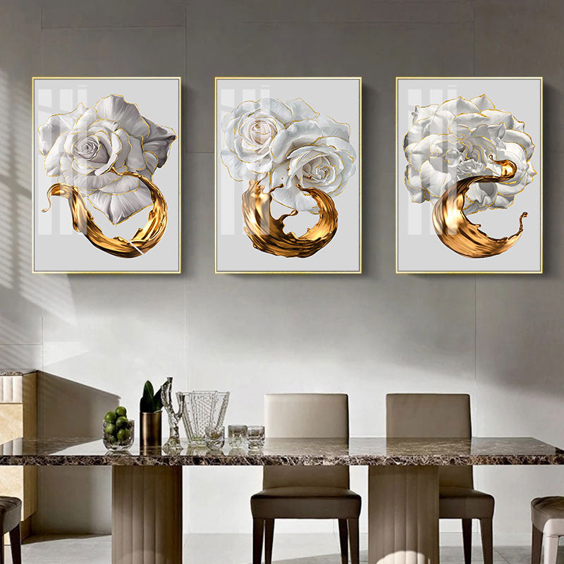 White Rose Golden Floral Wall Art Fine Art Canvas Prints Modern Abstract Botanical Pictures For Luxury Living Room Dining Room Bedroom Art Decor