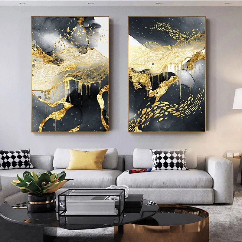 Featured Sale Modern Abstract Black Golden Liquid Organic Marble Wall Art Fine Art Canvas Prints For Home Office Art Decor (Set of 3)