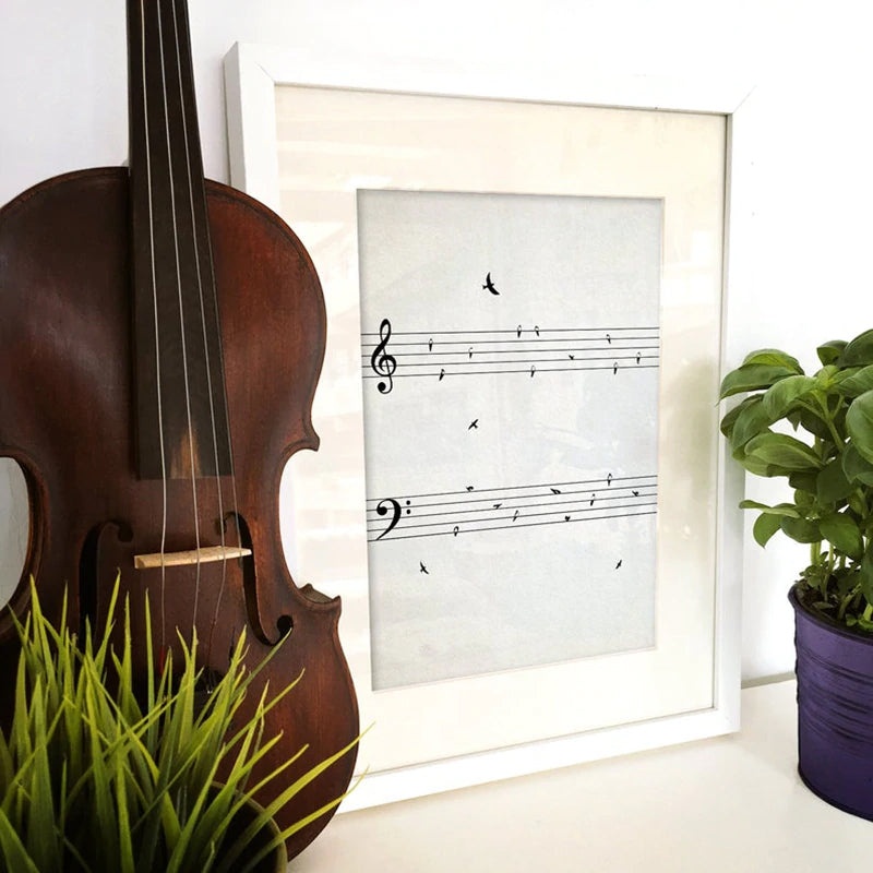 Minimalist Sheet Music Wall Art With Birds On Wire Fine Art Canvas Prints Black And White Modern Poster Picture For Music Classroom Unique Gift For Musician
